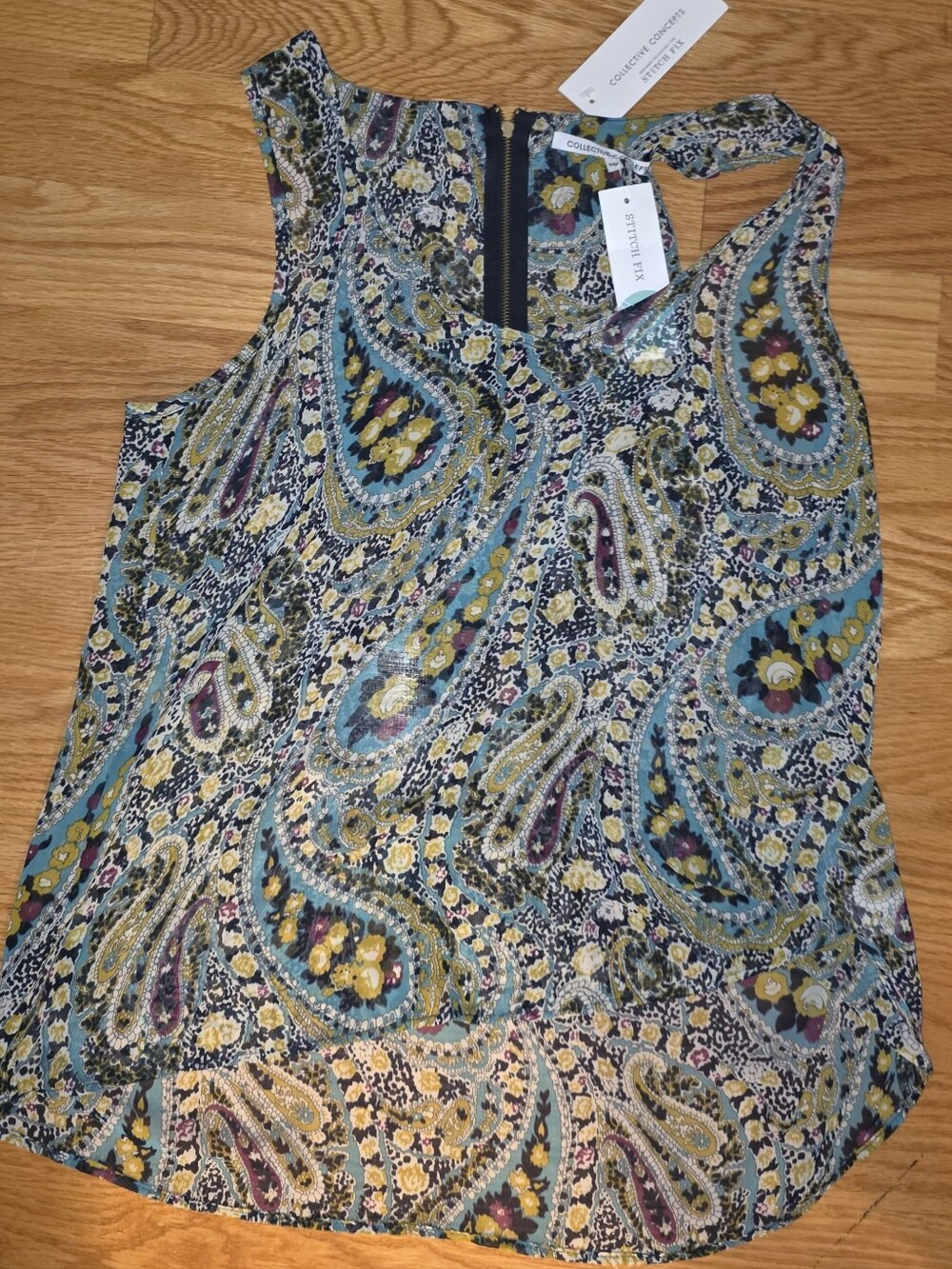 Collective Concepts Ardenas Split Neck Blouse SIZE MP Teal Yellow Sheer Tank Top